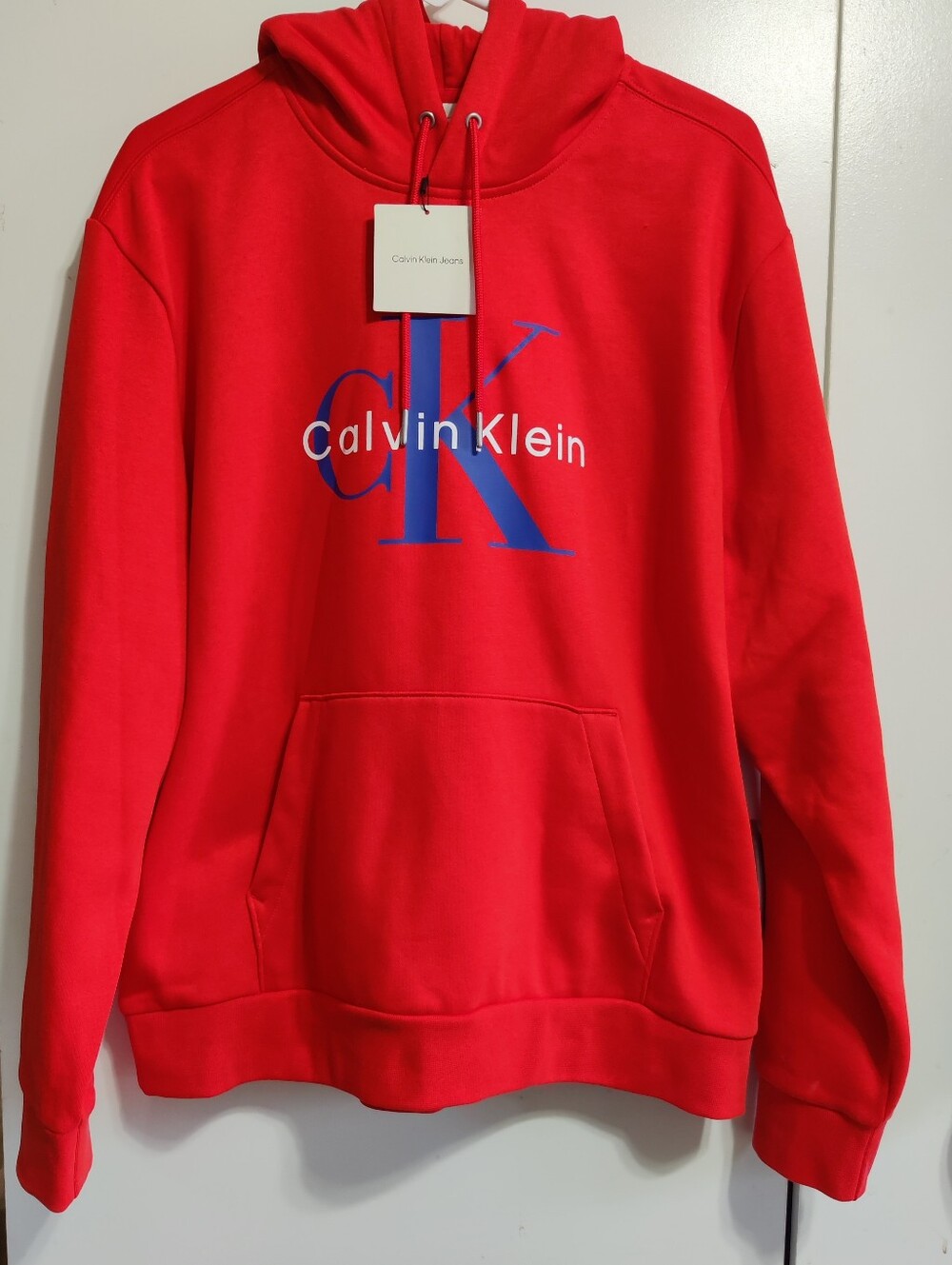 Calvin Klein Red Crewneck Hoodie with Blue CK Logo